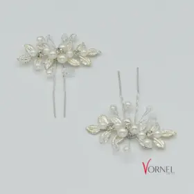 Zwei elegante Haarnadeln mit Perlen und Blättern in Silberoptik – Vornelbride
