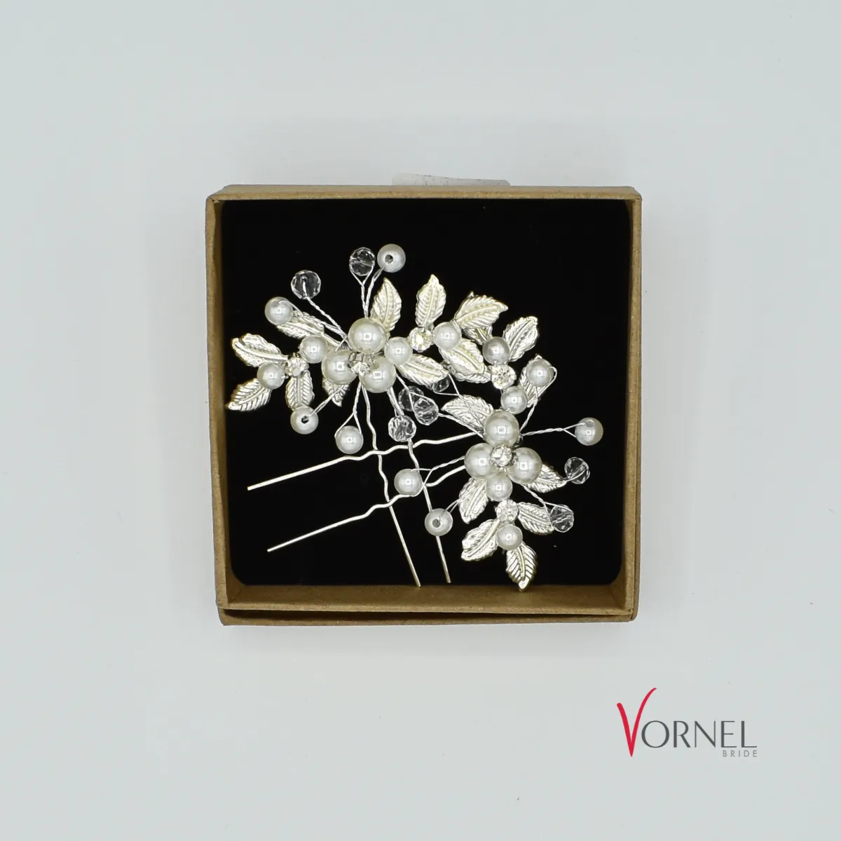 Haarnadeln mit Perlen und Blättern in Geschenkbox – Vornelbride